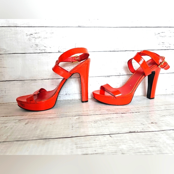 Ralph Lauren Faythe Bright Orange 100% Leather Strappy Platform Heels Size 10B - Picture 4 of 15